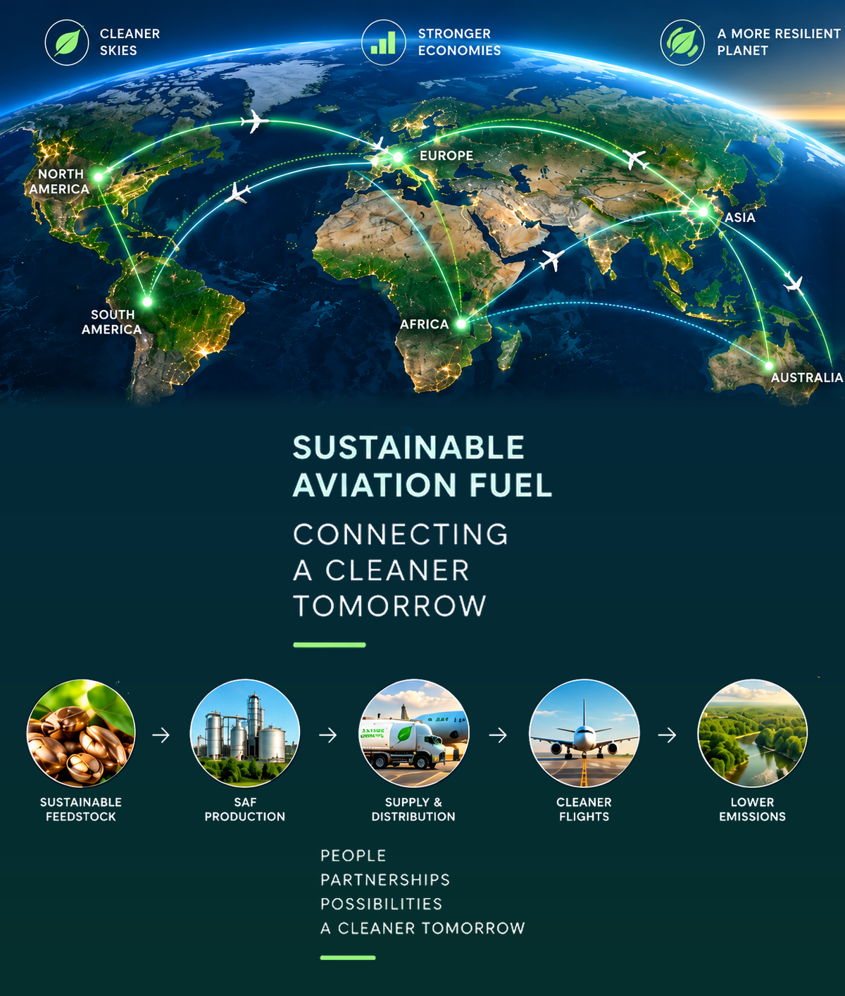 World map showing a Sustainable Aviation Fuel supply chain connecting continents